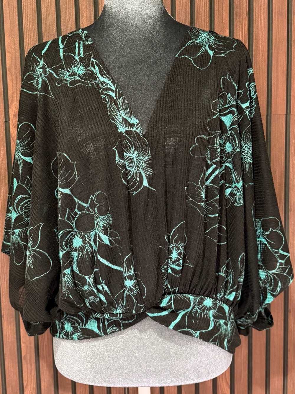 Free People Black Turquoise Floral Batwing Boho Blouse Large
